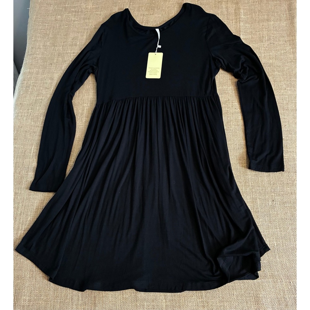 Minimalist Womens Black Long Sleeve Empire Waist Pocket Dress XL New - Picture 2 of 7